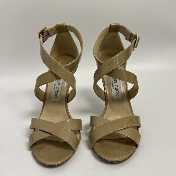 Jimmy Choo Lottie Crisscross Nude Beige Patent Leather Sandal Pump 38.5 - Picture 4 of 12